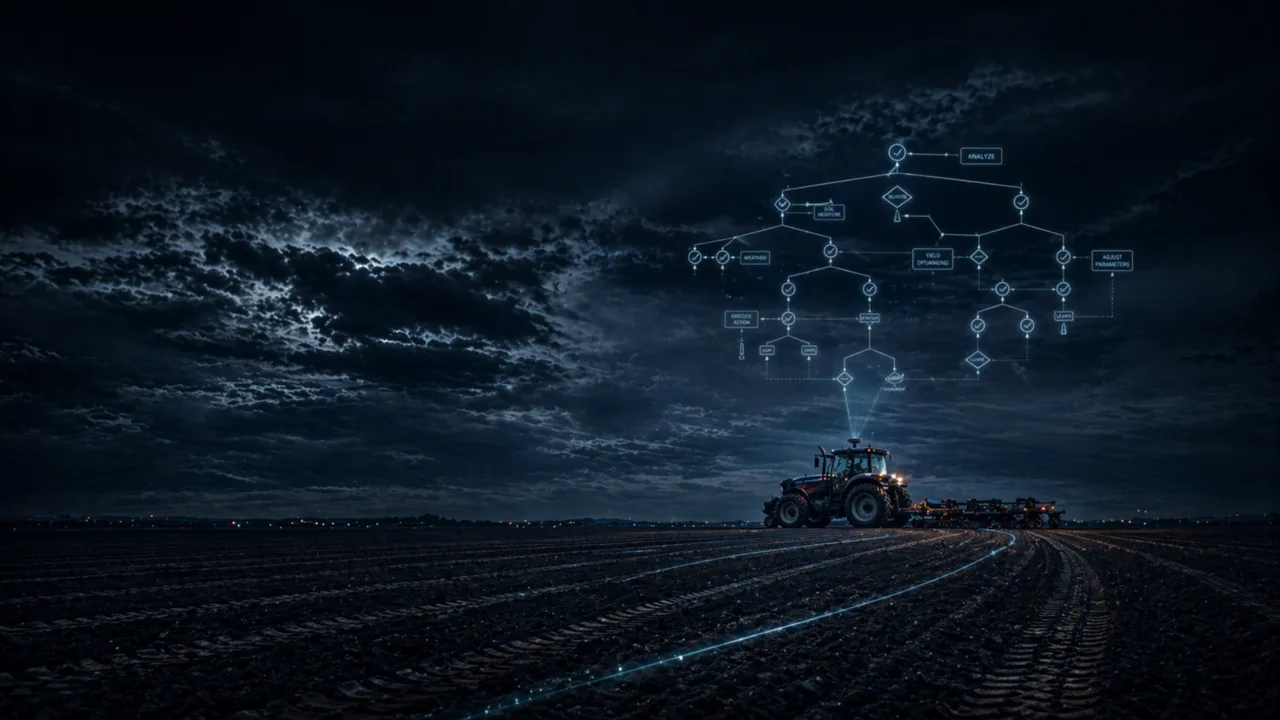 Autonomous tractor under a night sky with an AI decision-tree visualization overhead