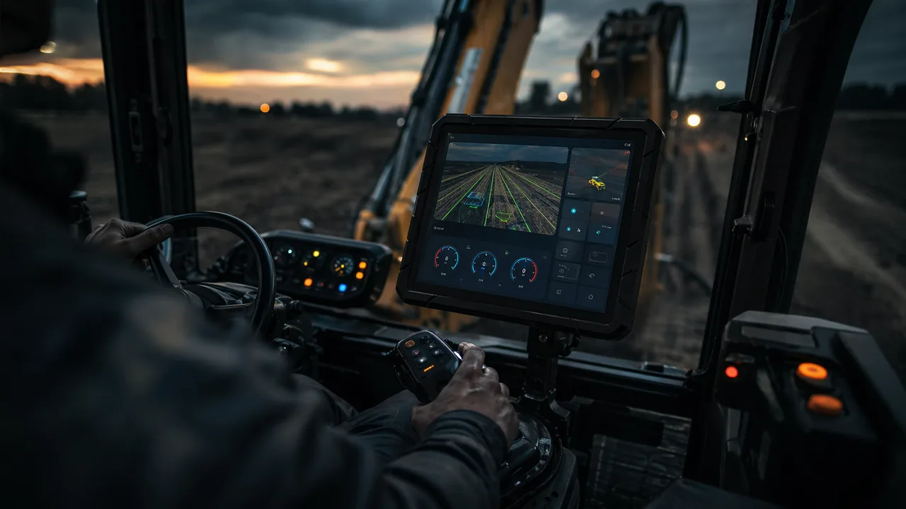 BAQEN touchscreen terminal mounted in a heavy machinery cab at dusk