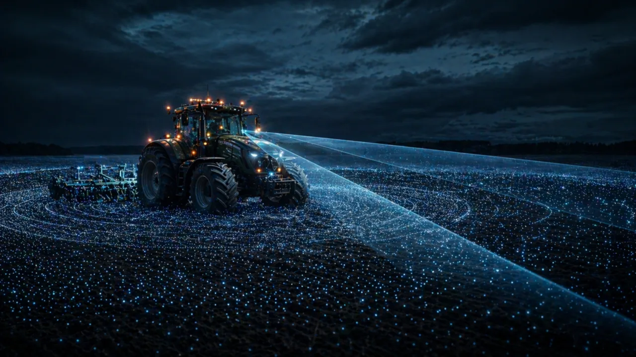 Autonomous tractor in a field with LiDAR point-cloud sensor visualization